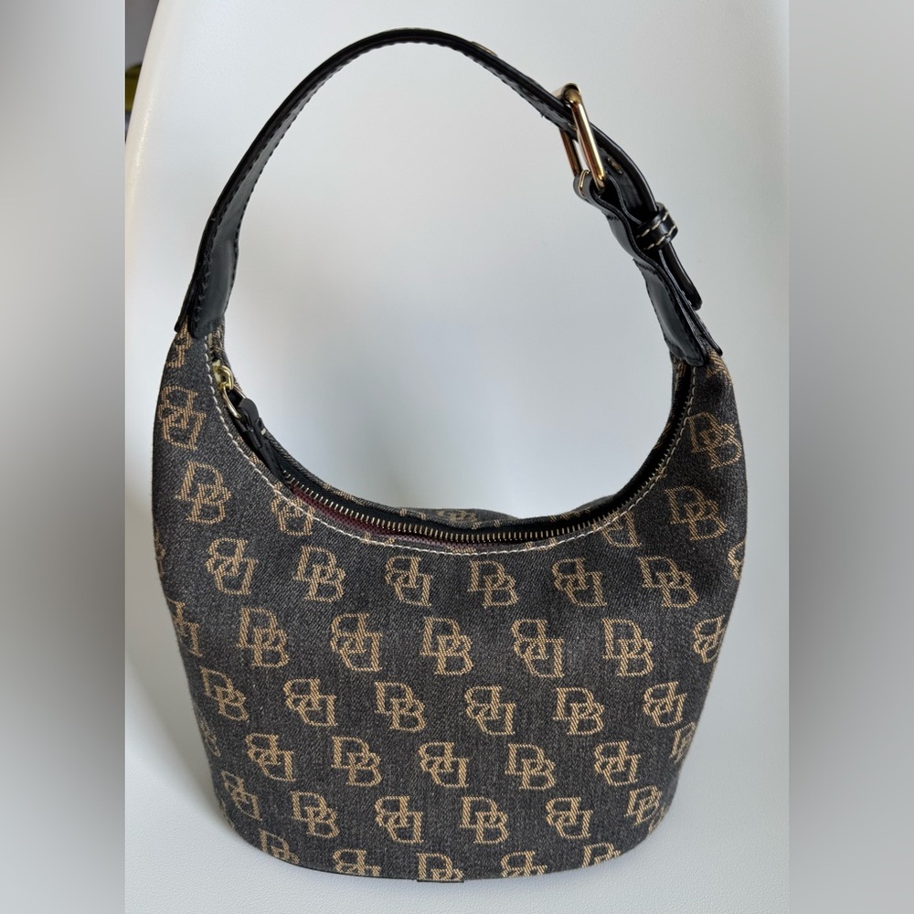 Dooney & Bourke Black and Gold Monogram Shoulder Bucket Bag